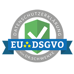 Siegel für eine DSGVO-konforme Datenschutzerklärung mit grünem Schild, Häkchen und EU-DSGVO-Banderole von Dr. Schwenke